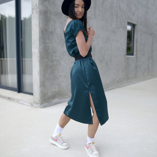 Šaty Linen - satén- dark green